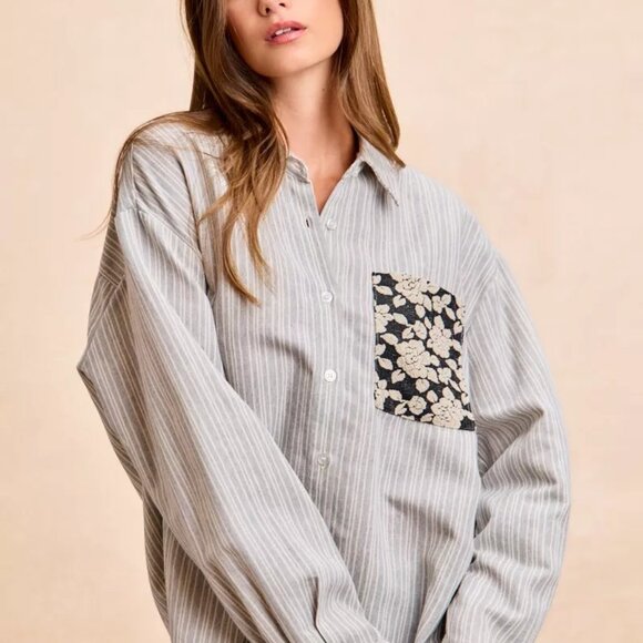 BiBi Flower Jacquard Knit Patch Pocket Stripe Shirt - Picture 6 of 16